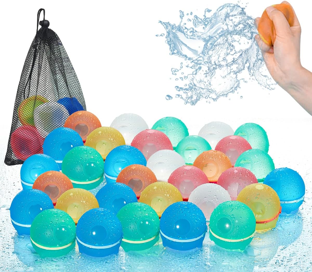 Hiliop Reusable Water Balloons Refillable Magnetic Water Balloons Self Sealing Quick Fill with Mesh Bag-Astronaut Series 8/12/16/32/48 pcs