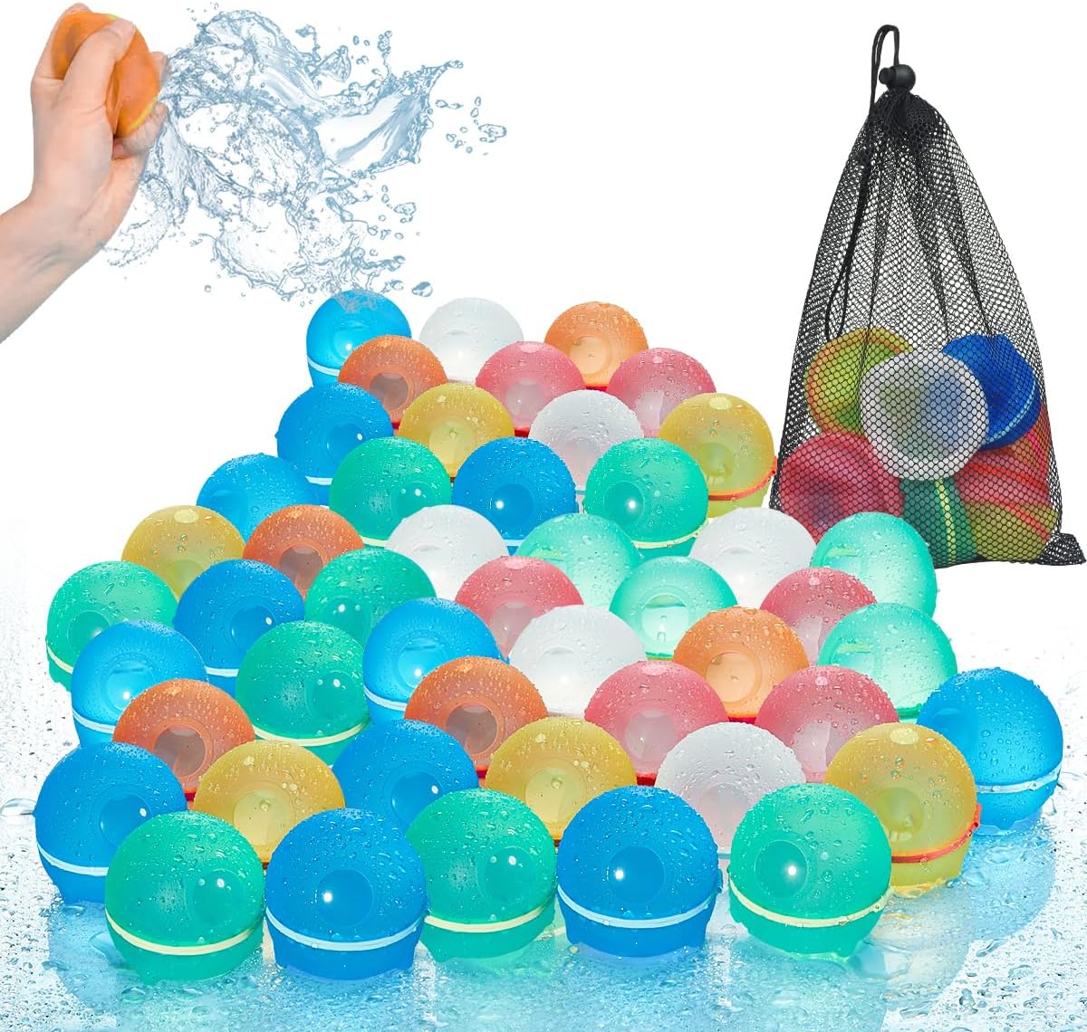 Hiliop Reusable Water Balloons Refillable Magnetic Water Balloons Self Sealing Quick Fill with Mesh Bag-Astronaut Series 8/12/16/32/48 pcs