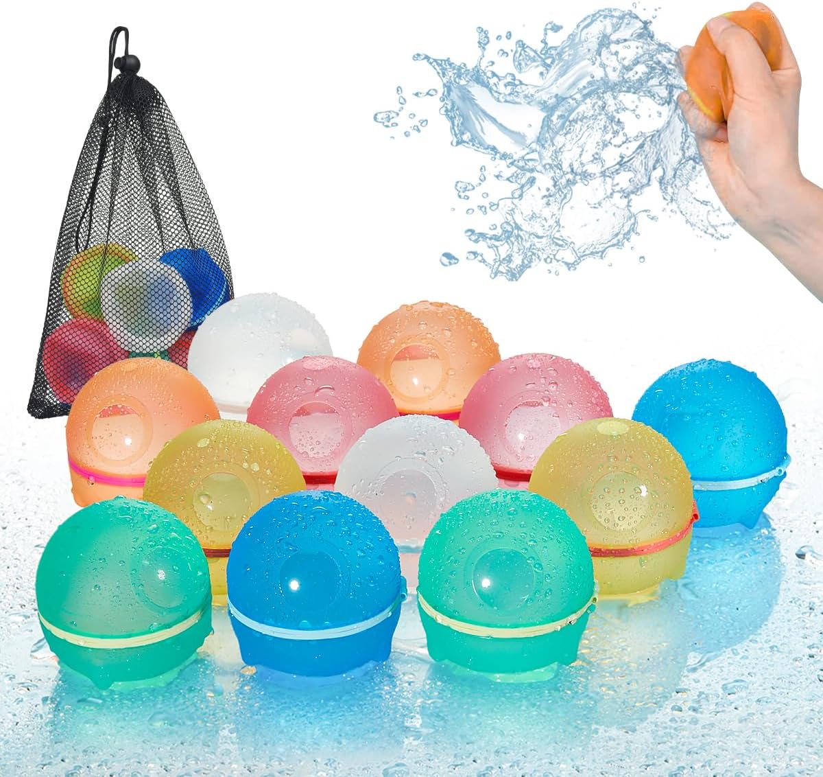 Hiliop Reusable Water Balloons Refillable Magnetic Water Balloons Self Sealing Quick Fill with Mesh Bag-Astronaut Series 8/12/16/32/48 pcs
